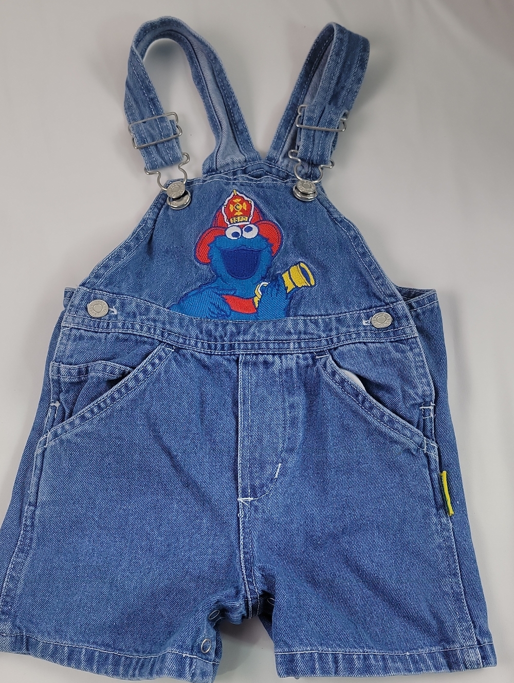 Vintage 90s Y2k Overalls Shorts Cookie Monster Firefighter Patch Sesame Street